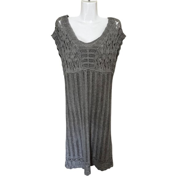 Old Navy Gray Crochet Knit Sweater Dress L Boho vacation Resort - Picture 1 of 14